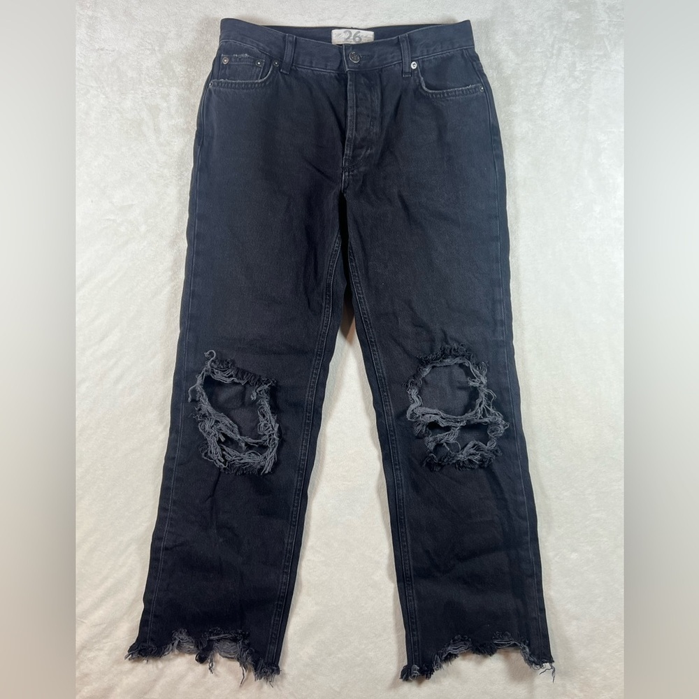 We the Free Size 26 Free People Black Distressed Straight Leg Denim Jeans EUC